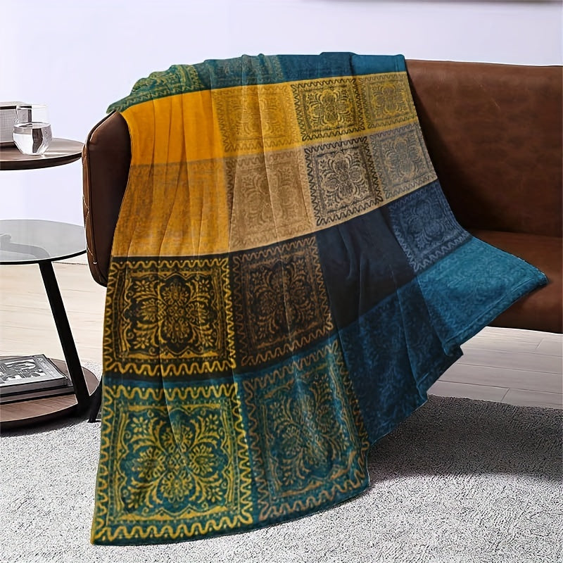 Bohemian Flannel Throw Blanket with Mixed Colors and Knitted Design
