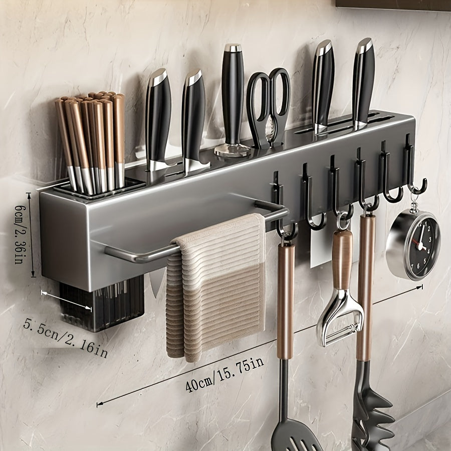 Stainless Steel Wall-Mounted Kitchen Organizer with Towel Bar Hooks and Cutlery Holder