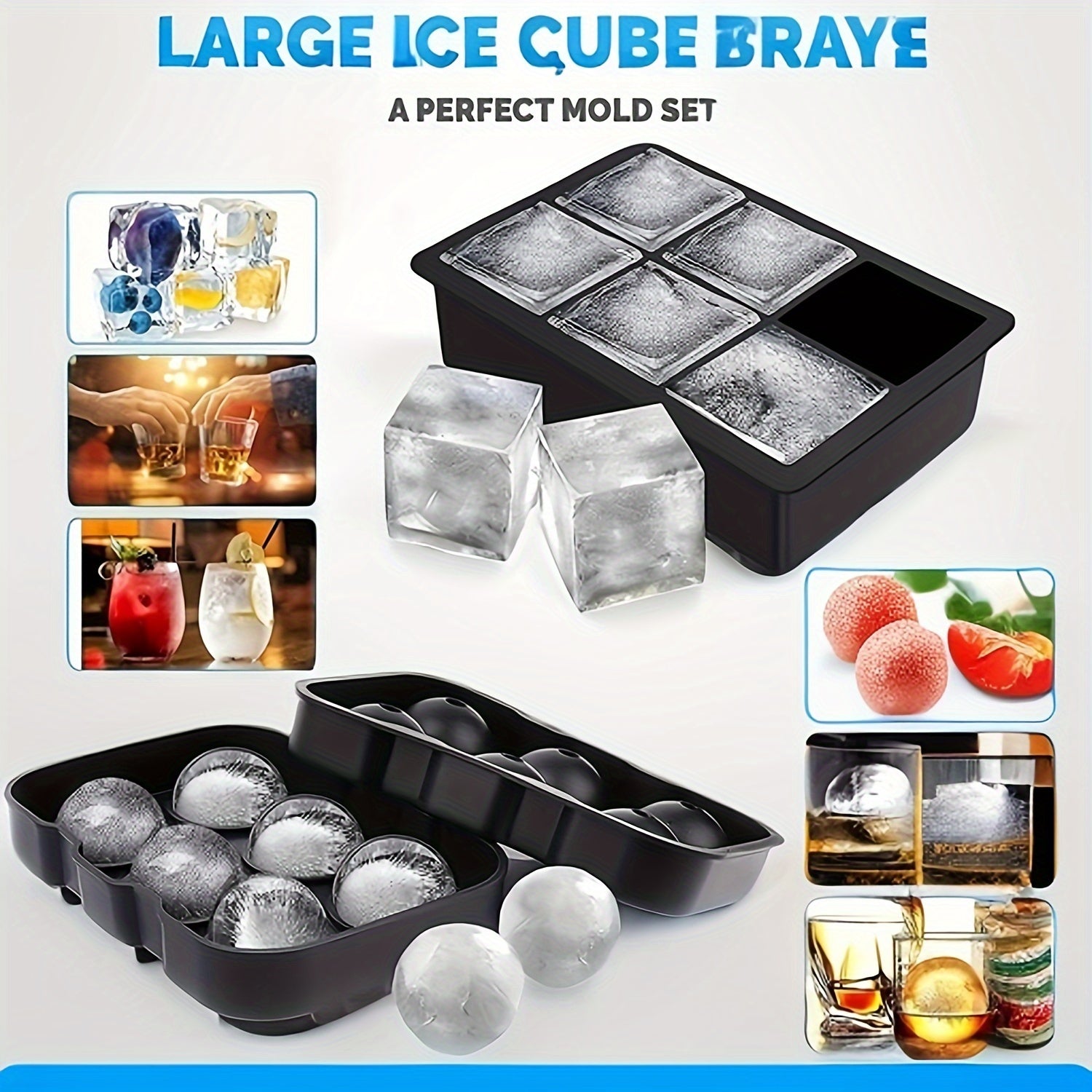 Set of 2 Silicone Ball Makers with Lids and Square Mold for Drinks and Food Storage