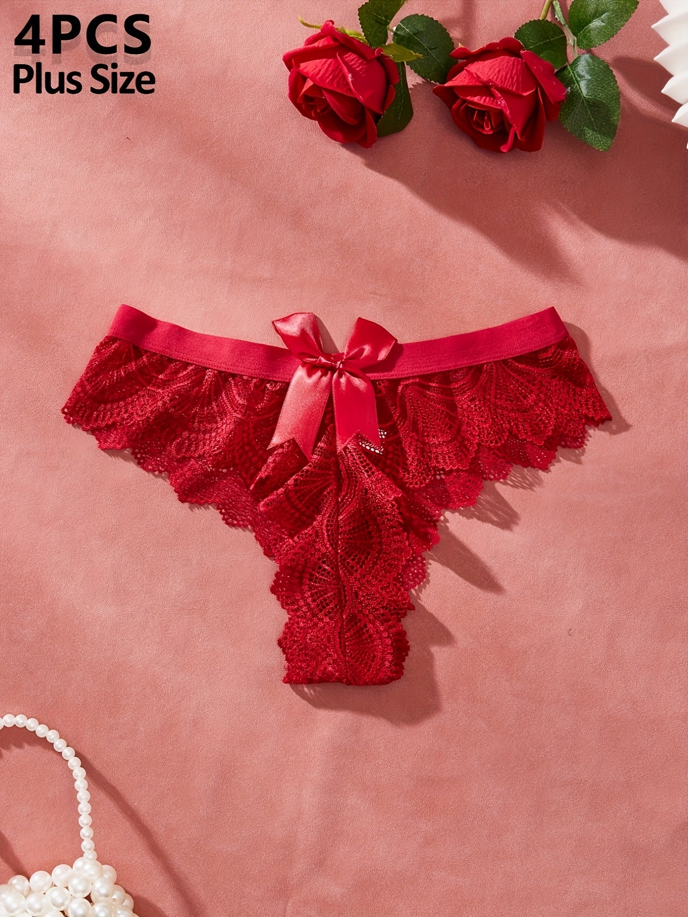 Plus Size Women’s Lace Thongs Pack Soft Breathable Stretch Underwear in Black Red White