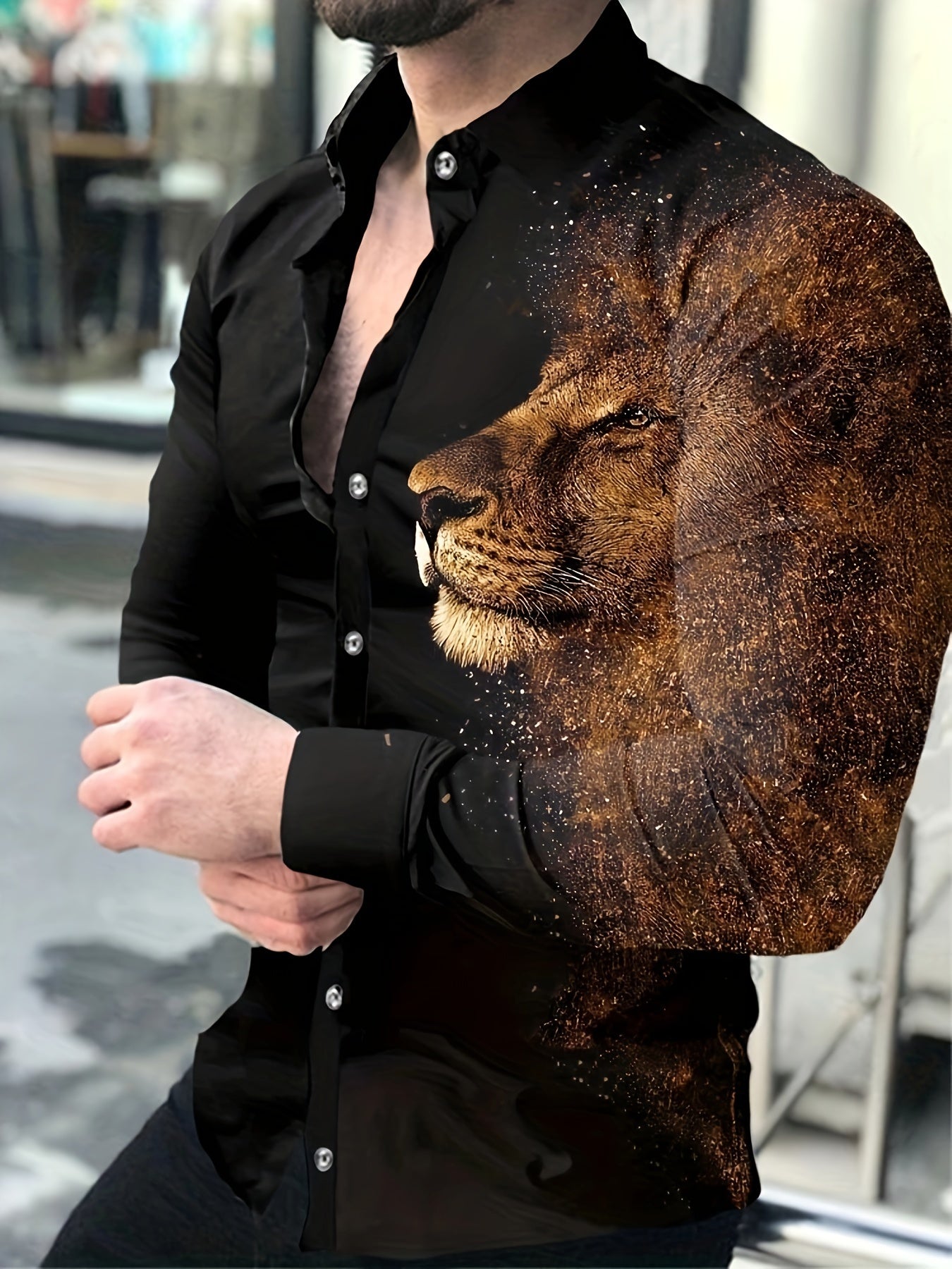 Men's Long Sleeve Shirt with Lion Star Pattern Polyester Spandex Casual