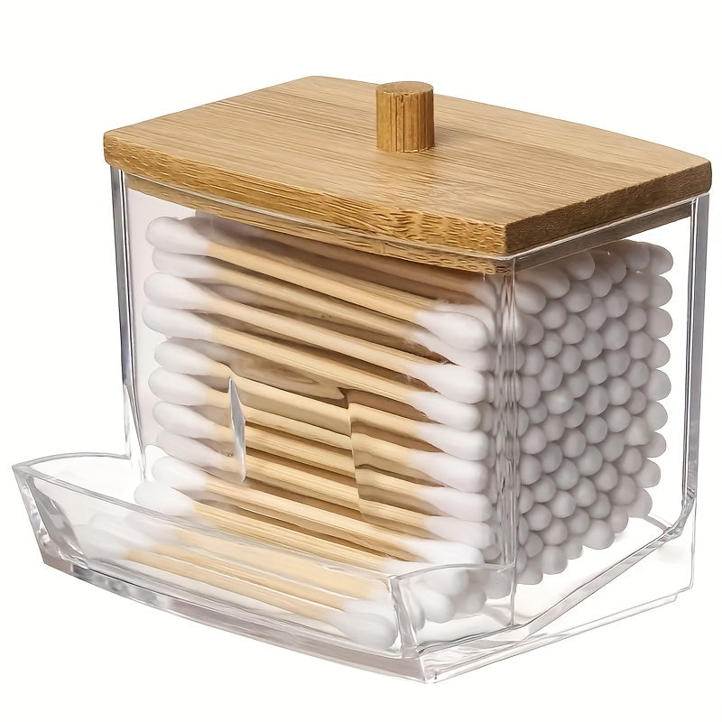 Acrylic Storage Dispenser with Bamboo Lid for Dual Compartment Balls and Swabs