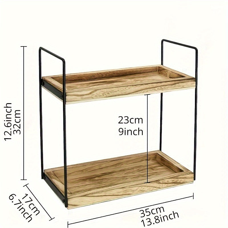 2/3-Tier Solid Wood and Metal Display Rack for Kitchen Bathroom Countertop Organizer