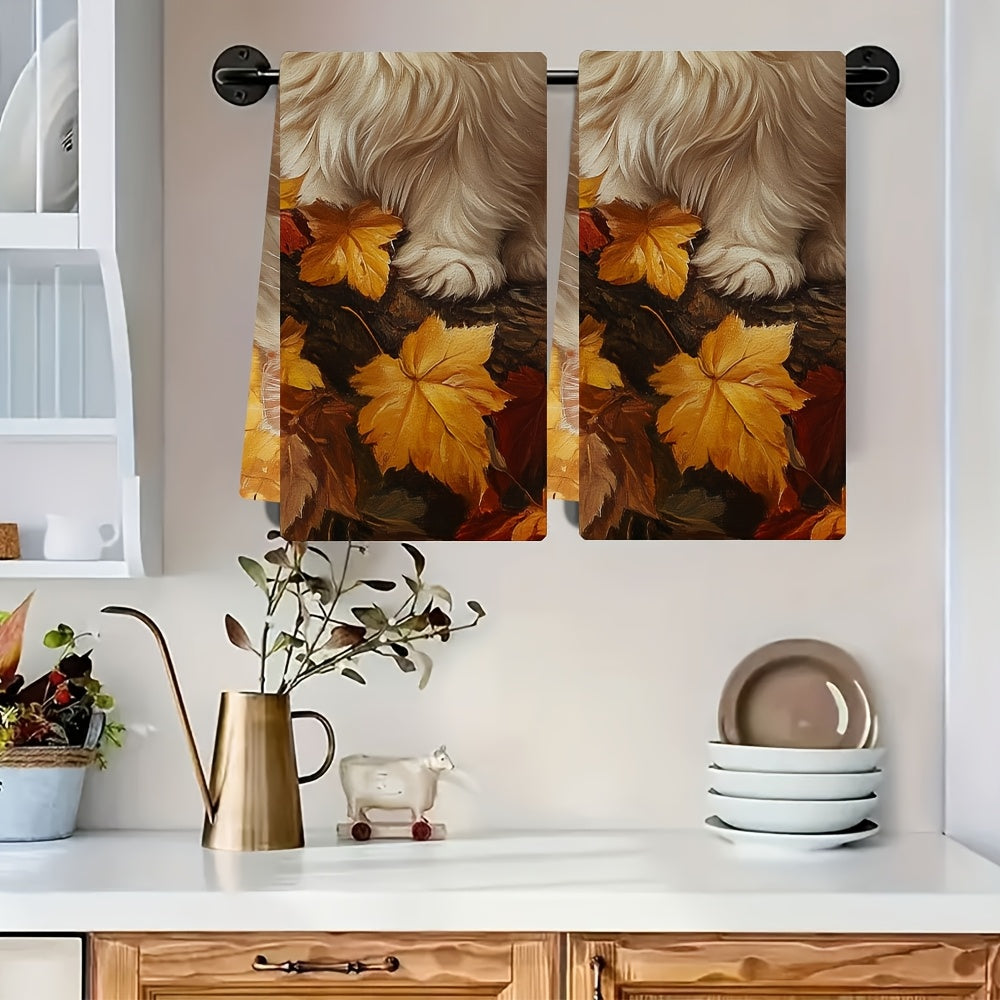Set of 2 Autumn Persian Cat Art Dish Towels 40x60cm Soft Absorbent Colorful Leaves
