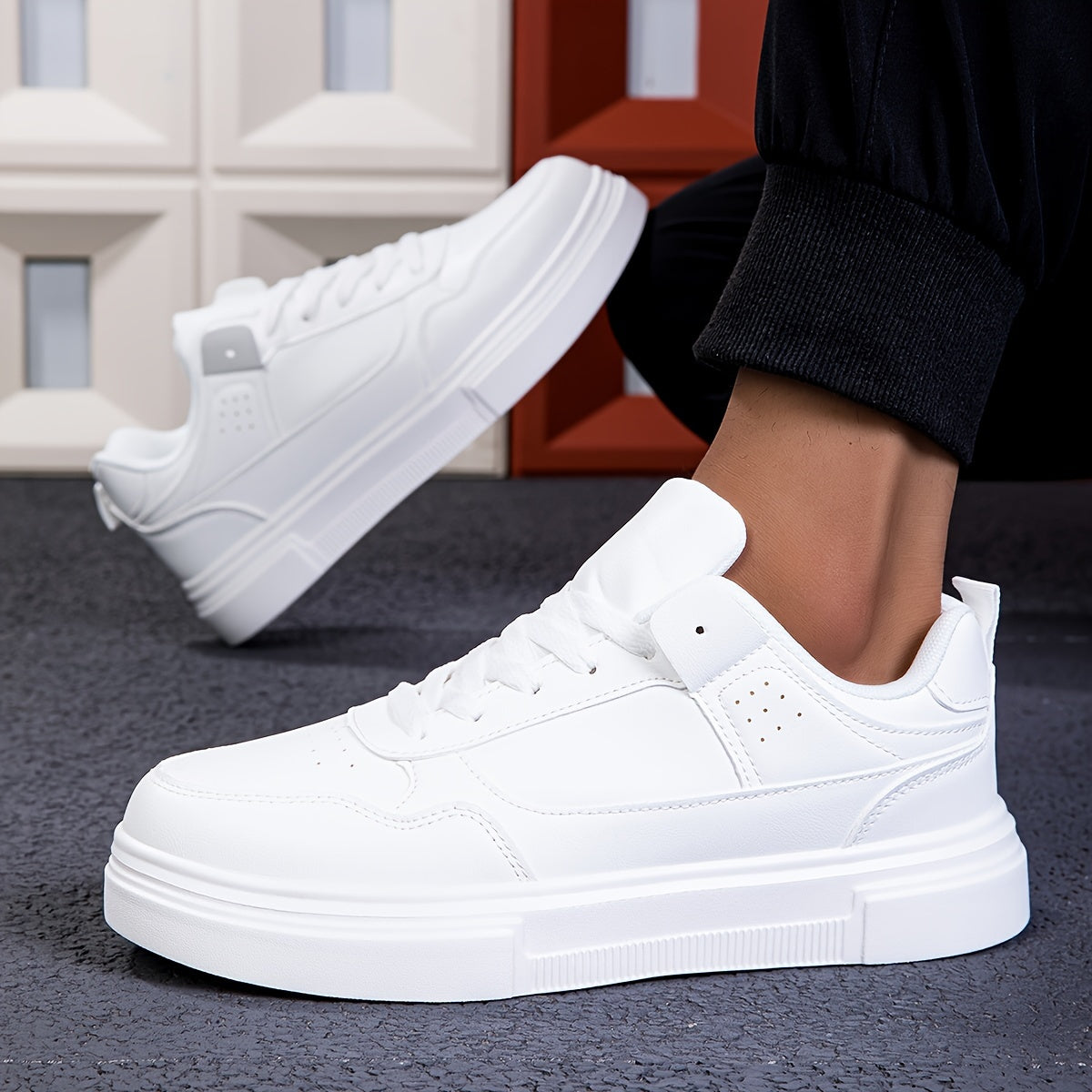 Men's White Casual Sneakers Low Top Lace-Up EVA Sole All-Season Sports Footwear