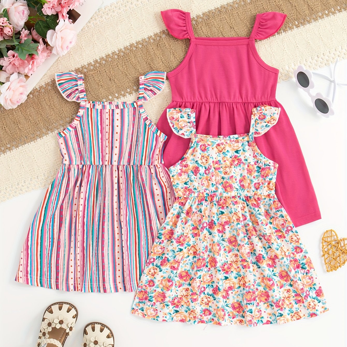 Set of Three Sleeveless Square Neck Casual Dresses for Girls Summer Polyester Stripes