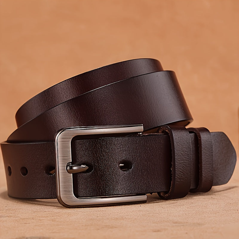 Men's Black Cowhide Leather Belt with Square Alloy Buckle Casual Fashion Accessory