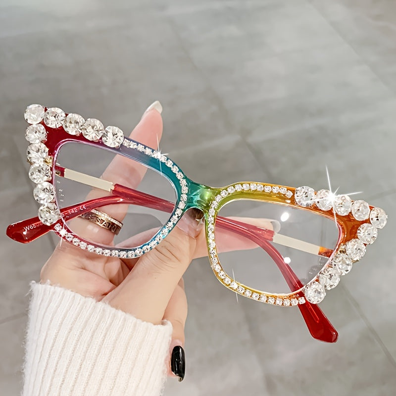 Gafas de ojo de gato azul con detalles de rhinestone, montura completa para fiestas y eventos