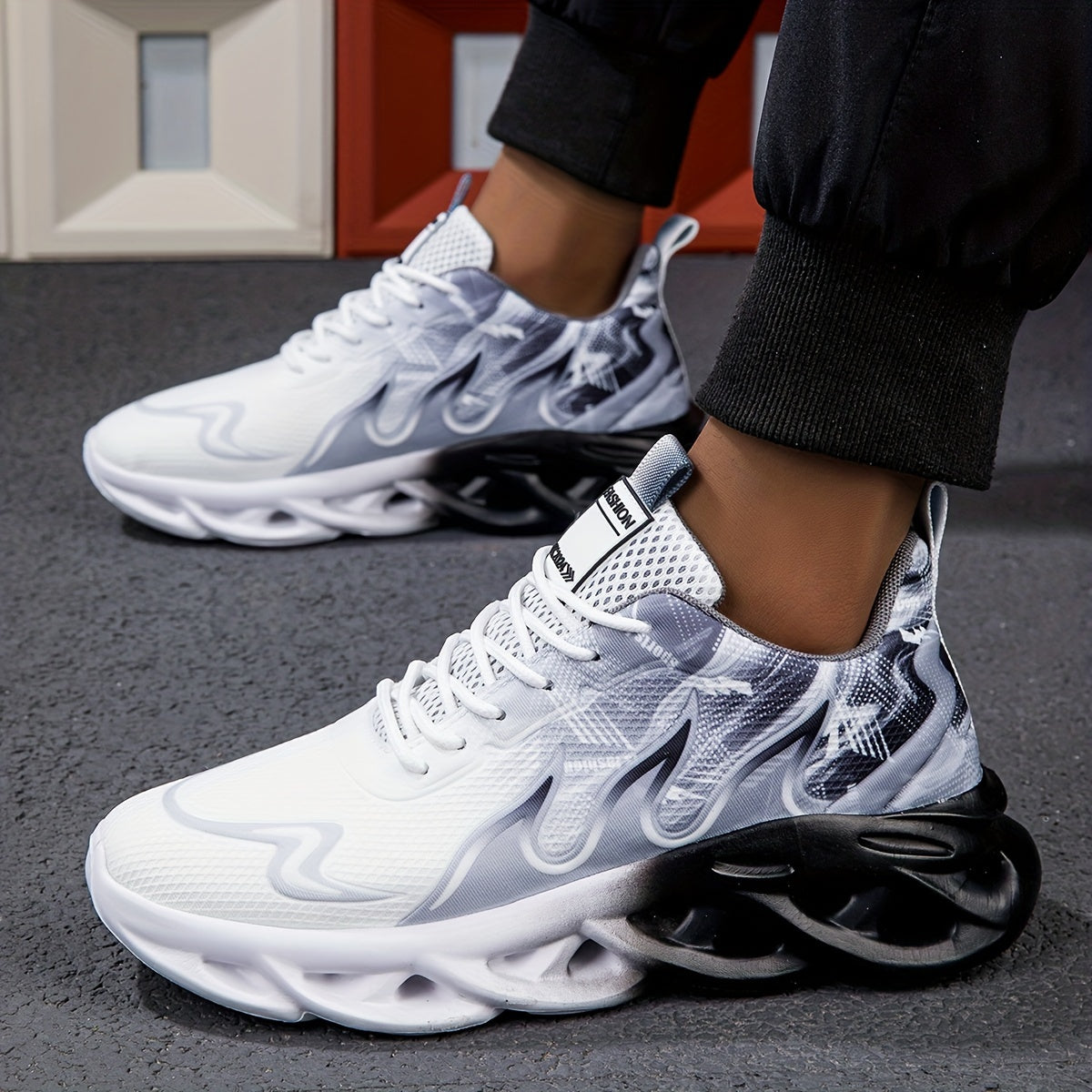 Men's Black and White Gradient Mesh Sneakers with Thick Sole for Height Boost Running Casual Autumn