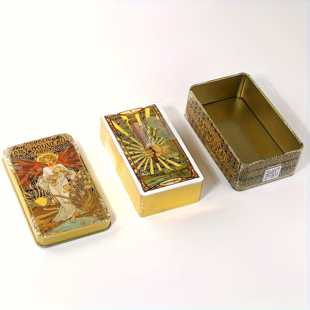 Elegant Gold Art Nouveau Tarot Cards 78-Piece Deck with Gilded Edges and Tin Box