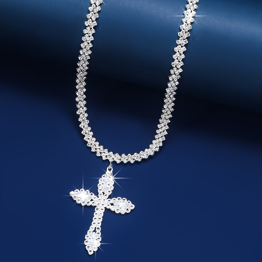 Women's Silver Rhinestone Cross Pendant Necklace Religious Jewelry