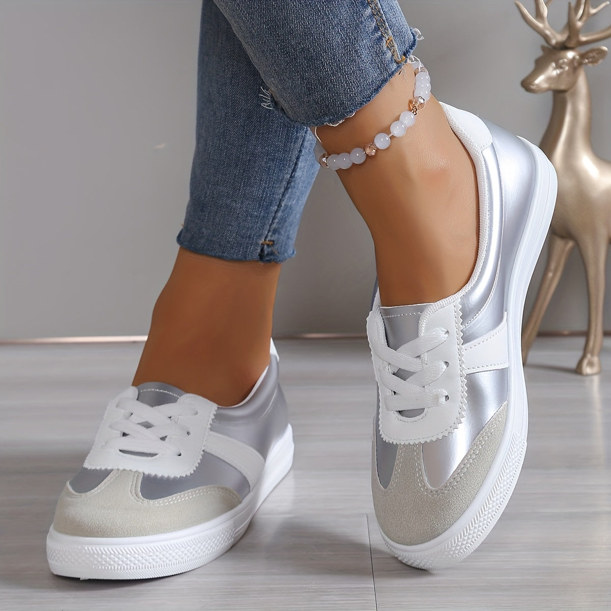 Women's Casual White Sneakers with Color Block Design and Lightweight Sole