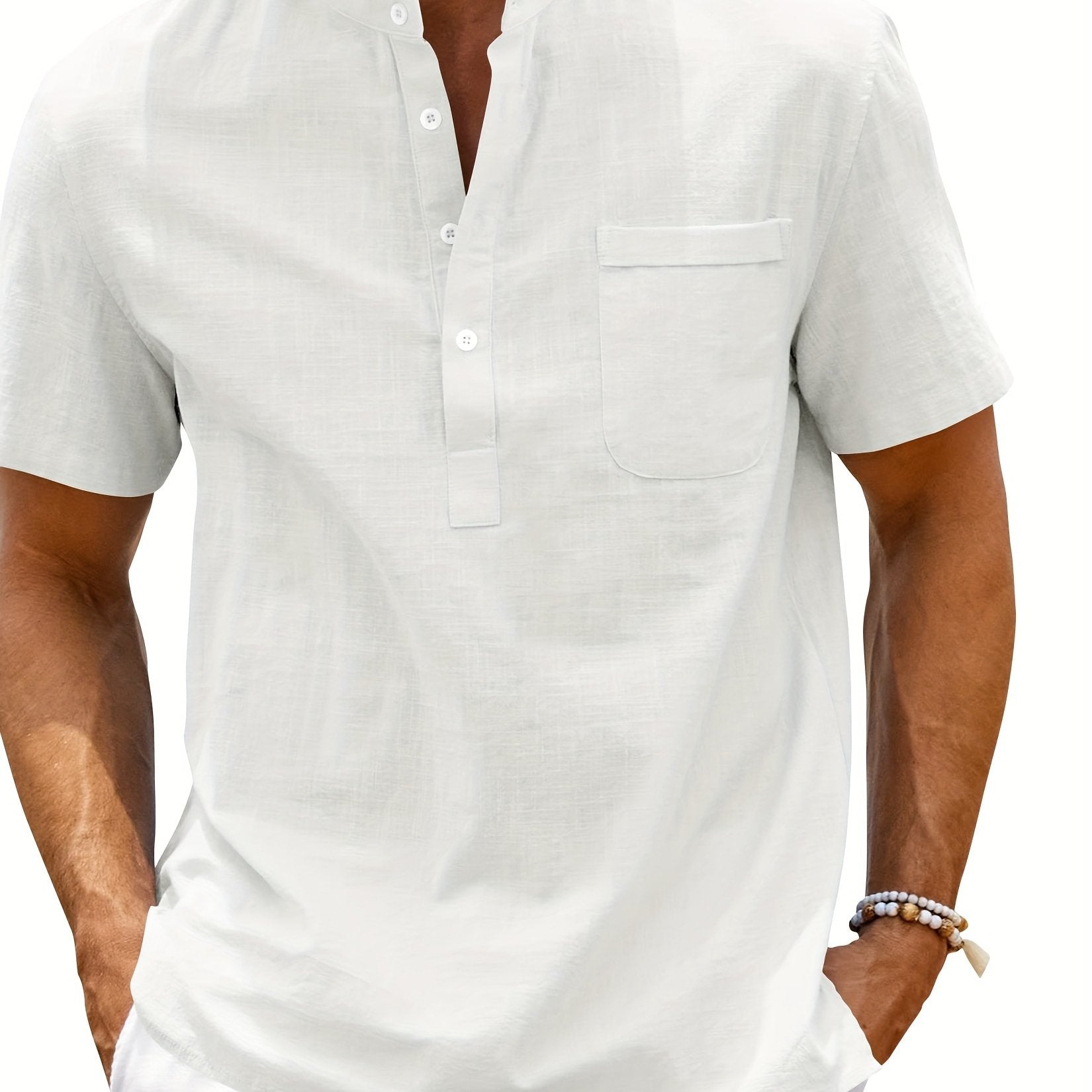 Men's Cotton Short Sleeve Shirt with Stand Collar and Pocket for Summer Beach Vacation