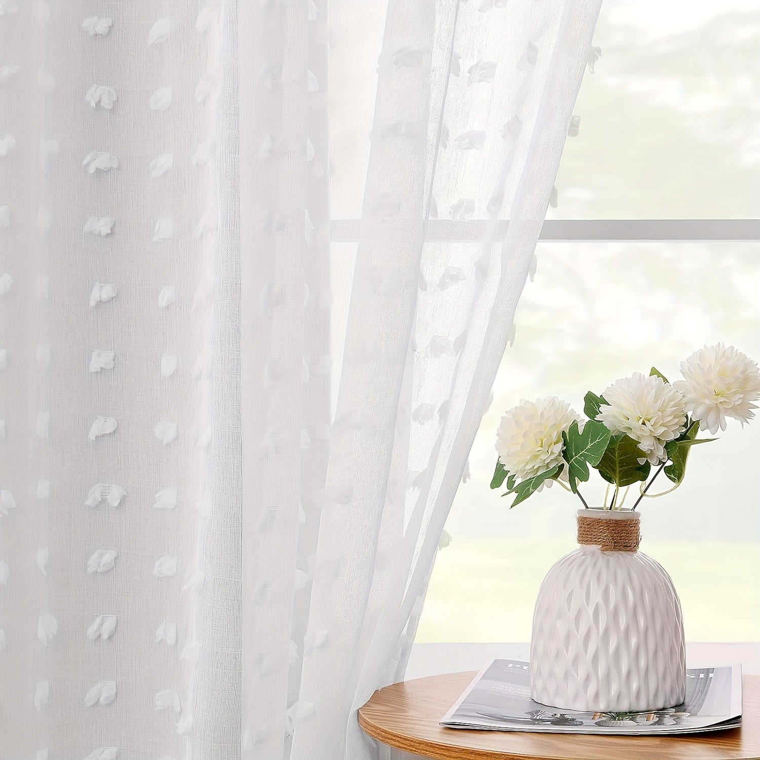 White Sheer Curtain with Grommet Top and Pom Pom Tufting 213cm for Bedroom Living Room Office