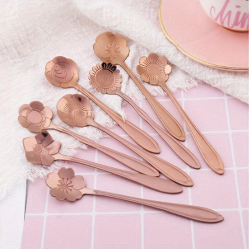 Set of 8 Flower-Shaped Stainless Steel Spoons with Gold and Silver Coating for Tea Coffee Desserts