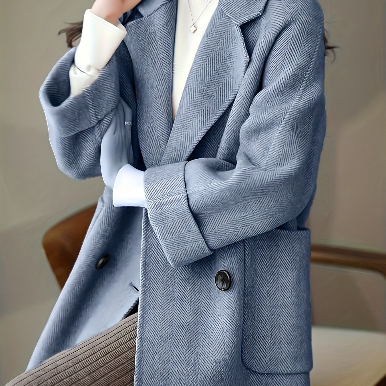 Women's Light Blue Striped Trench Coat with Pockets Long Sleeves Fall Winter Casual Textured Fabric