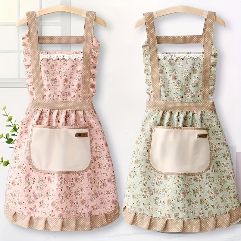 Floral Lace Apron with Hand Wipe Pocket for Kitchen Cleaning