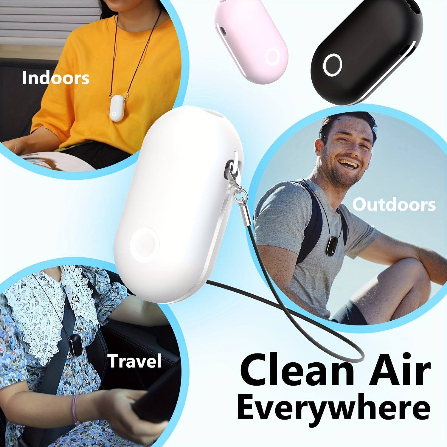 Wearable Air Purifier Necklace Rechargeable Ionic Negative Air Cleaner for Travel Home Car Pink White