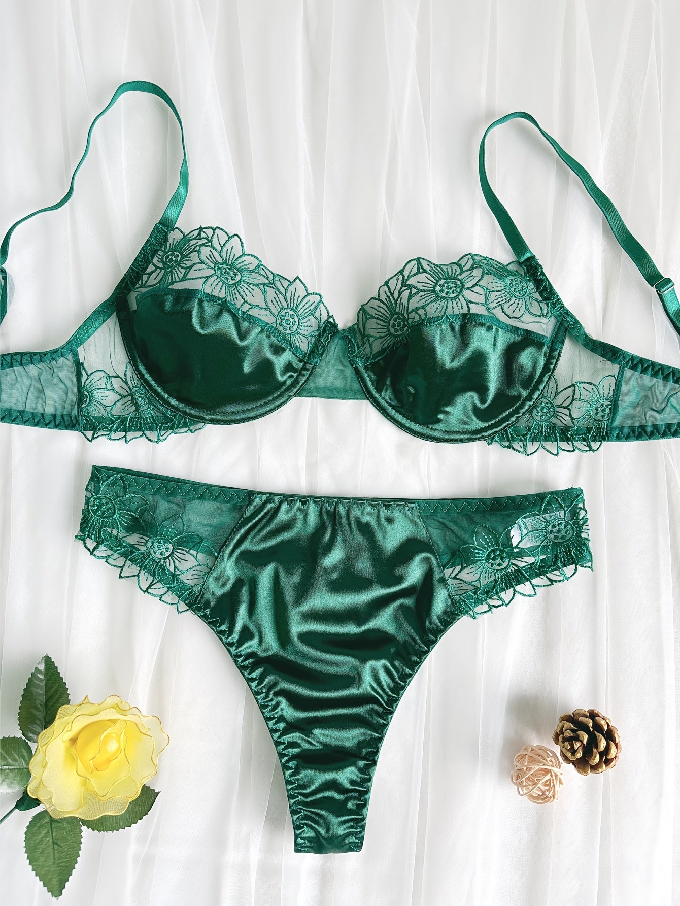 Women's Floral Embroidered Lingerie Set with Push-Up Bra and Thong