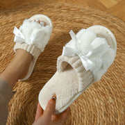 Women's Fuzzy Warm Slippers, Non-slip Plush Shoes with Bowknot Decoration