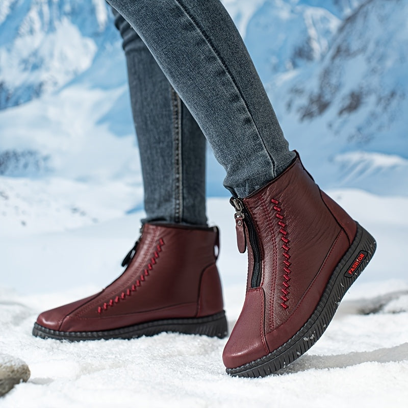 Women’s Fleece-Lined Slip-On Winter Boots with Zipper, Flat Sole in Burgundy Black White