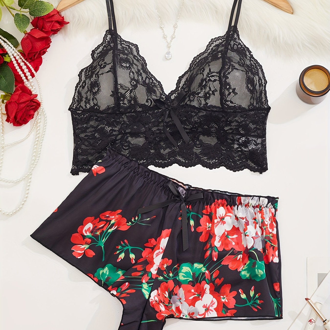 Lace Print Lingerie Set with Matching Robe for Women