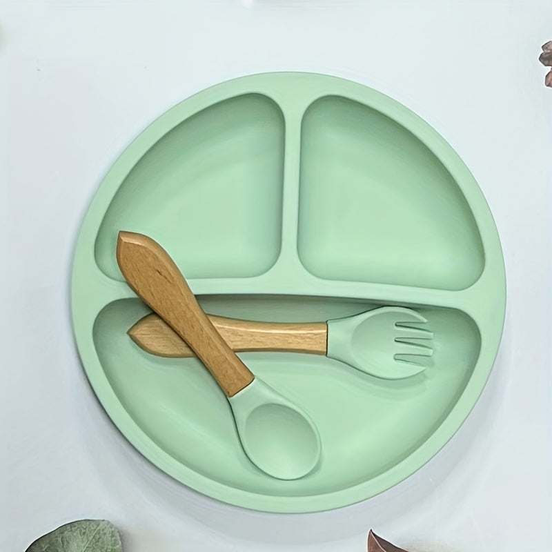 "Silikon ovqat berish to'plami, so'rg'ichli plastinka, qoshiq va vilkalar - BPA dan xoli - O'z-o'zini o'qitish uchun ideal - Idish yuvish mashinasi va mikroto'lqinli pechda xavfsiz - Ranglar: yengil yashil, qaymoq, pushti, yashil, ko'k"