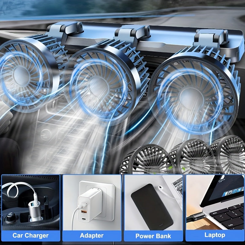 USB 5V Car Fan with Adjustable Three Heads Compact Easy to Install
