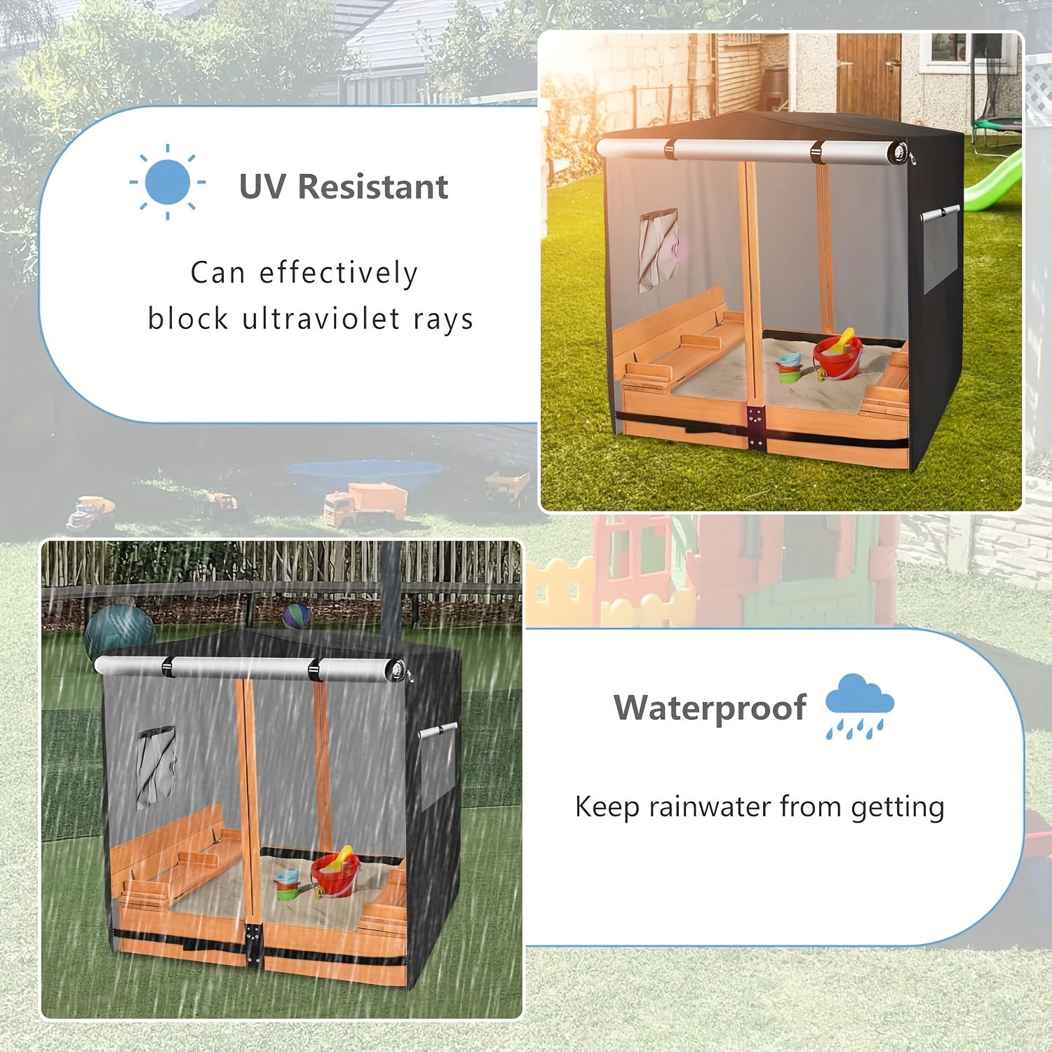 Детский водонепроницаемый УФ-устойчивый деревянный навес для песочницы с навесом и складным стулом, черный