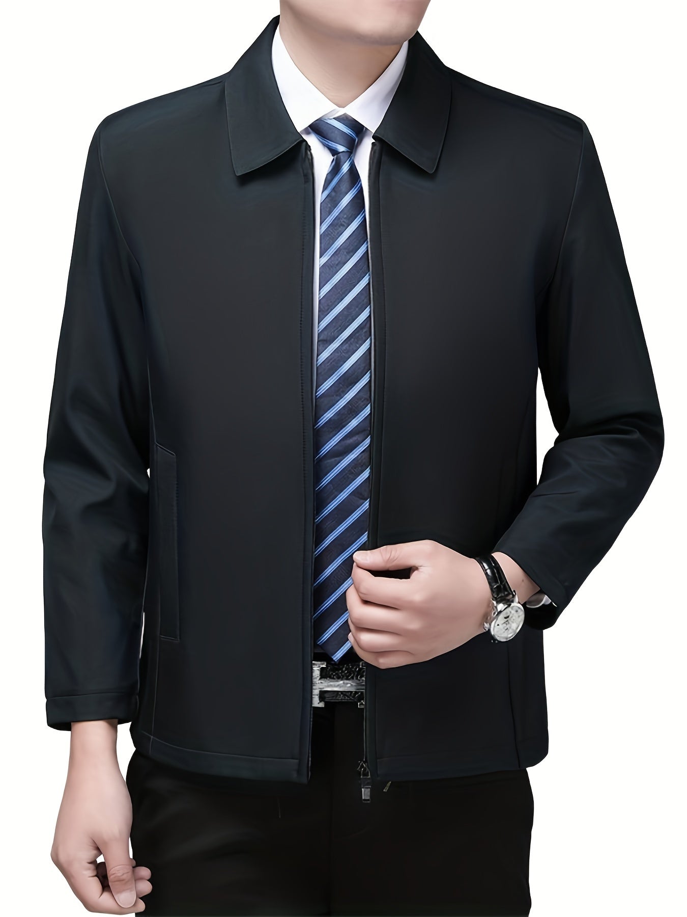 Men's Waterproof Polyester Business Casual Jacket with Zipper and Lapel Collar