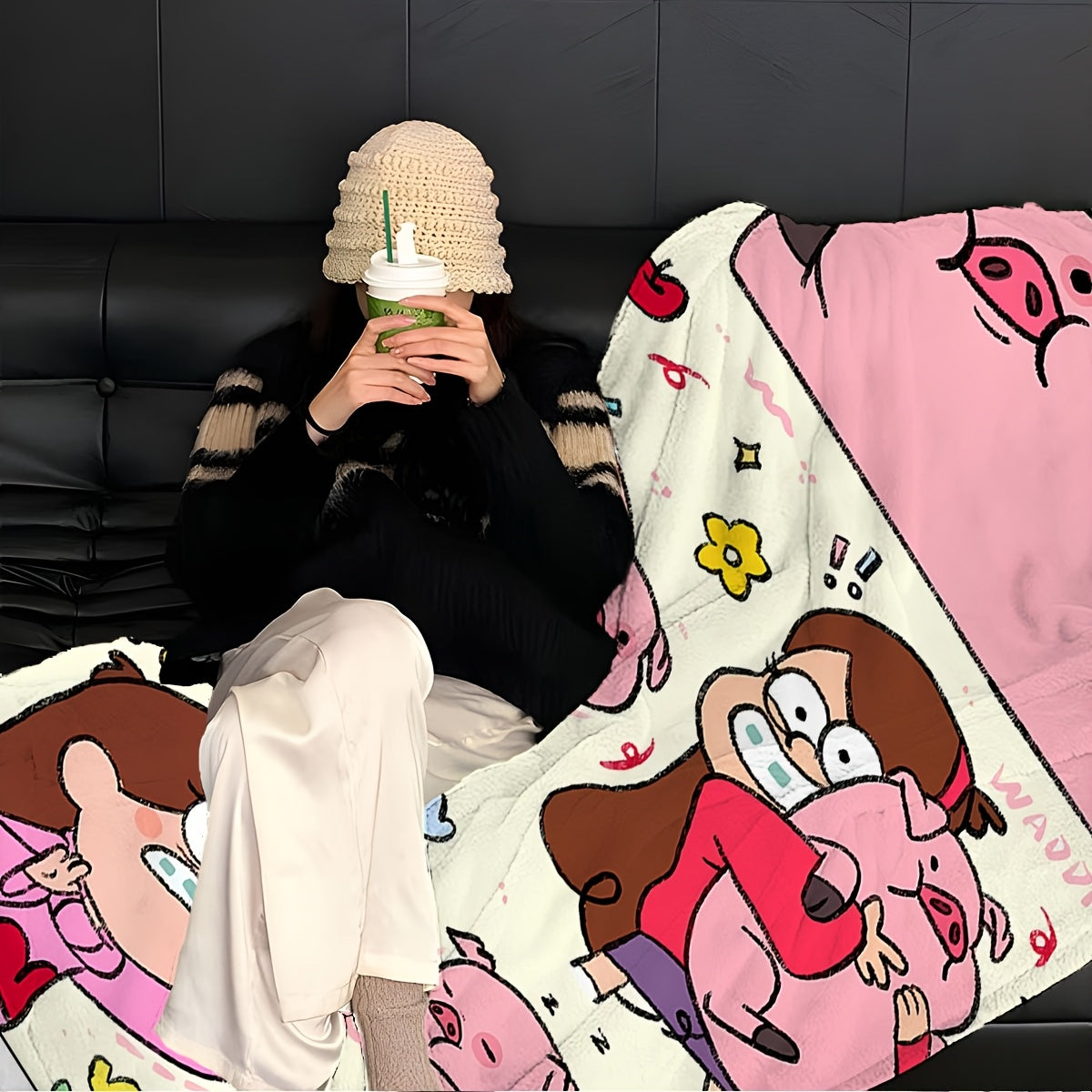 Knitted Throw Blanket with Gravity Falls Pig and Girl Print for All-Season Home Decor