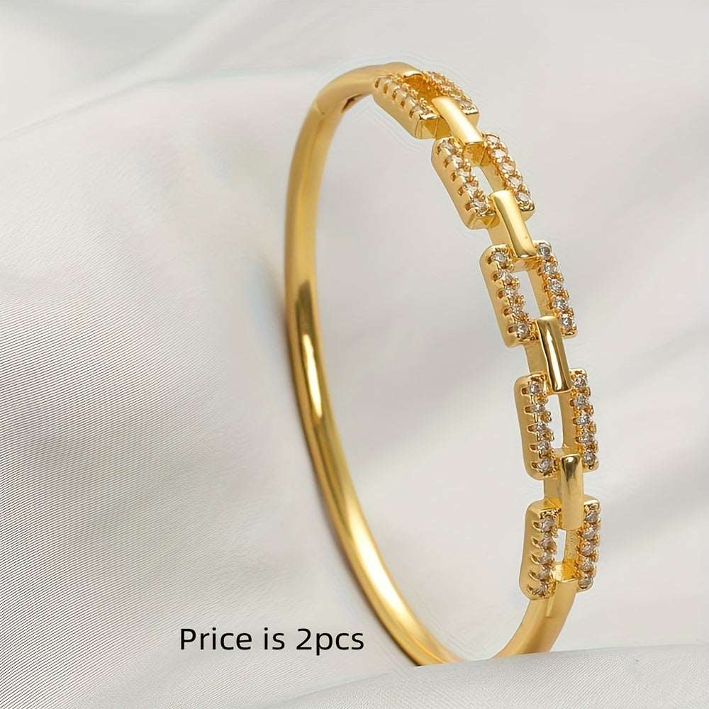 Set of 2 Zirconia Stone Bridal Cuff Bracelets 24K Gold Plated Copper for Weddings and Gifts