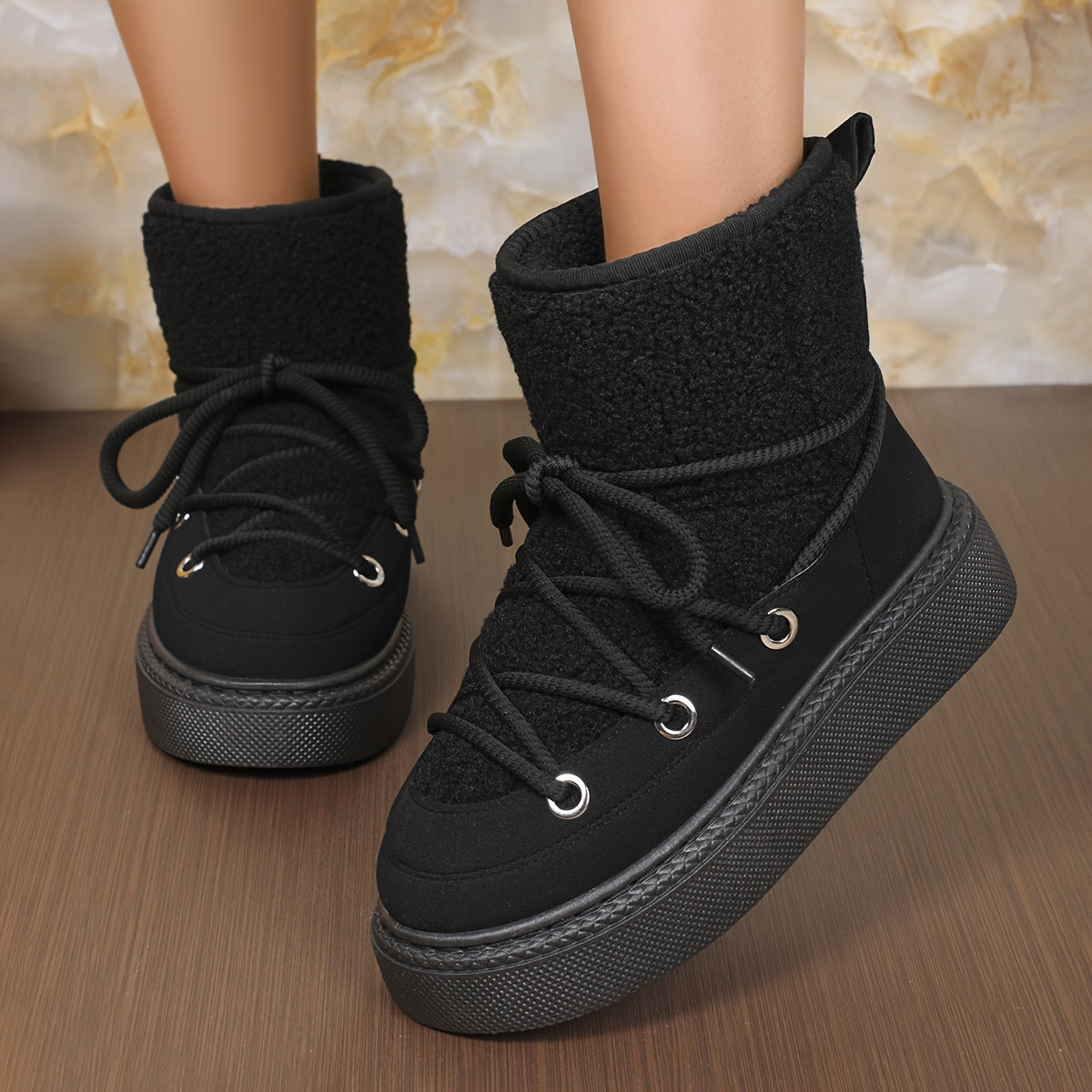 Women's Solid Color Faux Fur Lined Winter Ankle Boots with Platform Heel