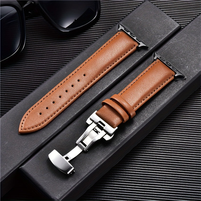 PU Leather Watch Band with Butterfly Clasp Compatible with All Apple Watch Models 38/40/41mm 42/44/45/49mm