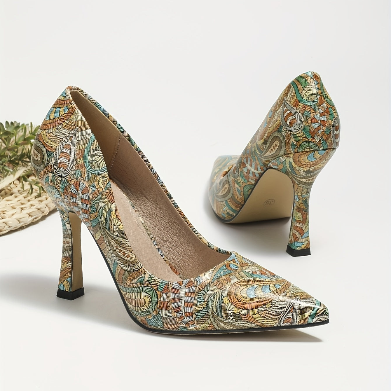 Women's Ethnic Style Printed High Heels Pointed Toe Pumps for Parties and Office