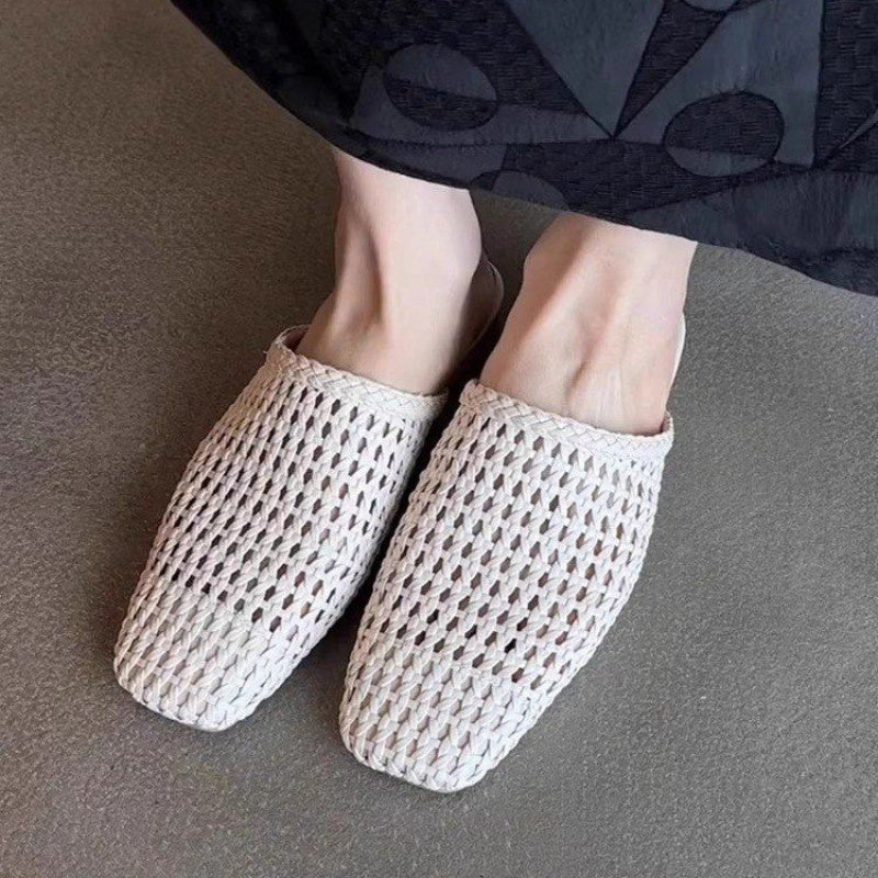 Women's Woven Cut-Out Slip-On Mules Summer Shoes Flat Shoes