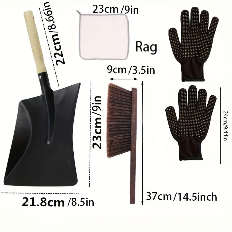 Fireplace Cleaning Kit with Metal Ash Shovel Brush Gloves 5 Pieces