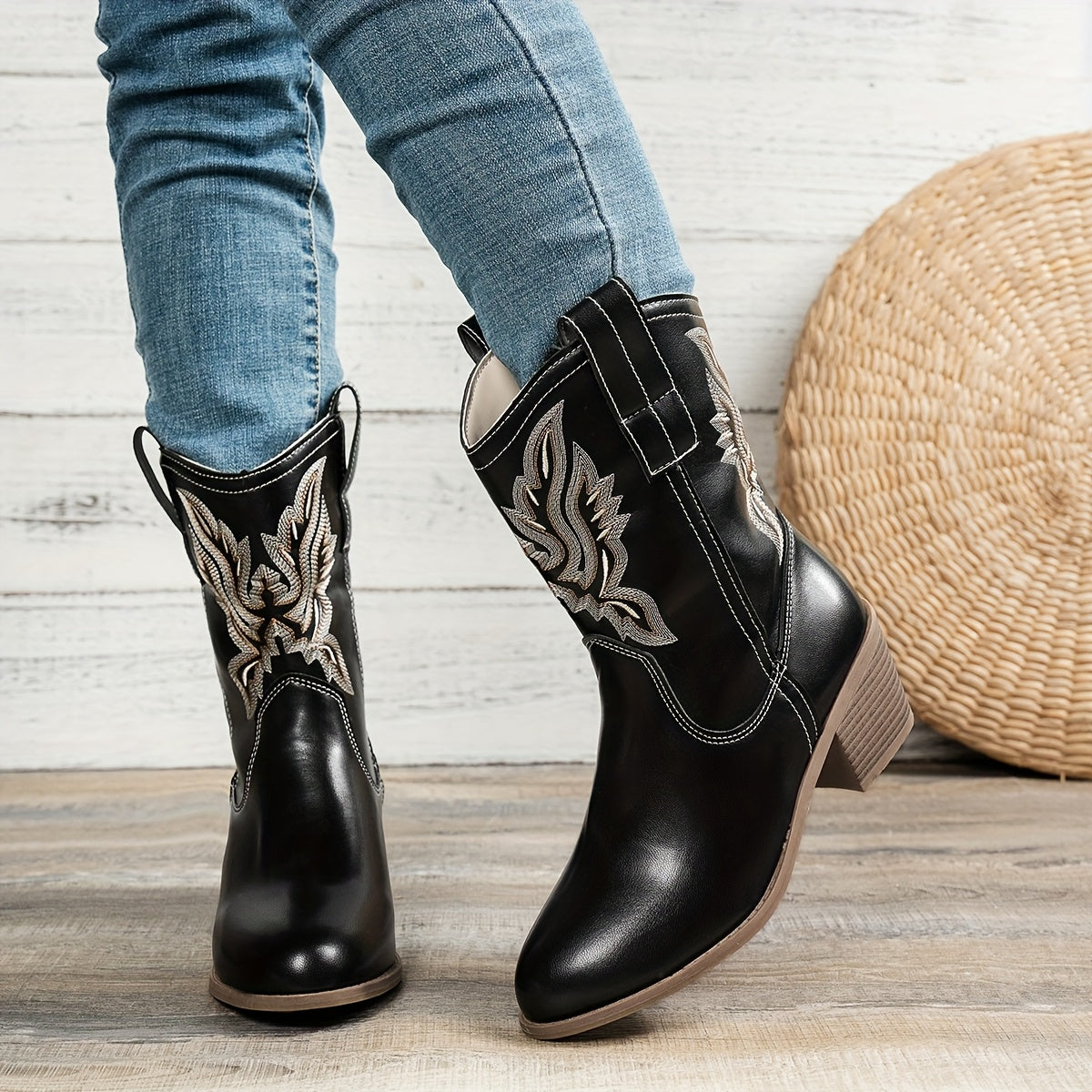 Women's Floral Ankle Boots Slip-On Mid-Heel Casual Faux Leather All-Season