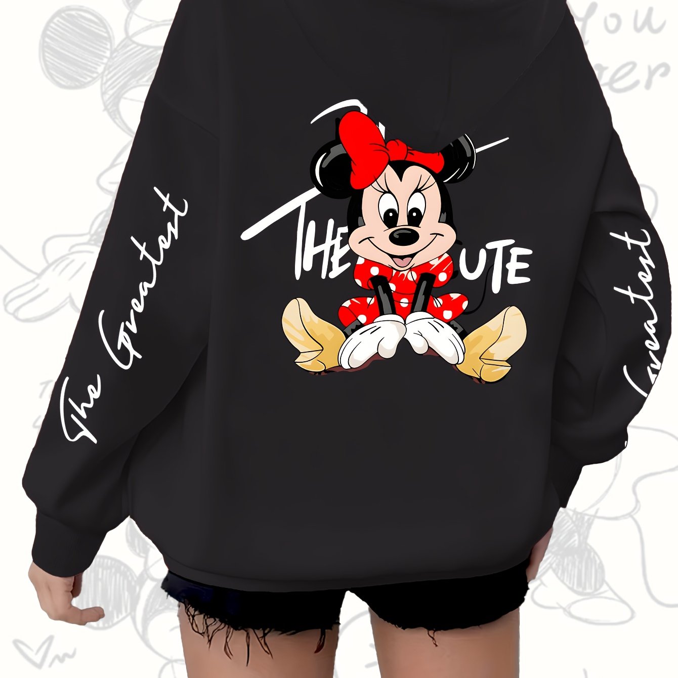 Women's Red Hoodie with Mickey Mouse Print Zip Casual Fall Winter