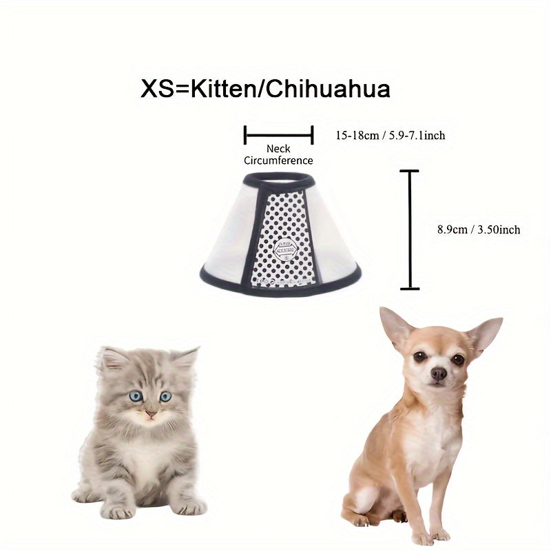 Moslashuvchan yumshoq itlar va mushuklar uchun Elizabethan bo‘yi, chizishdan himoya qilish va tishlashni oldini olish uchun qora chetli tikuv bilan