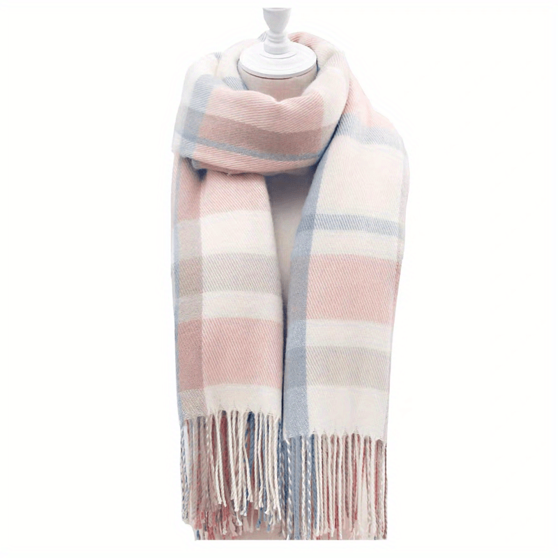Stylish British-Inspired Plaid Scarf Set for Couples Warm Winter Shawls Blue White Pink