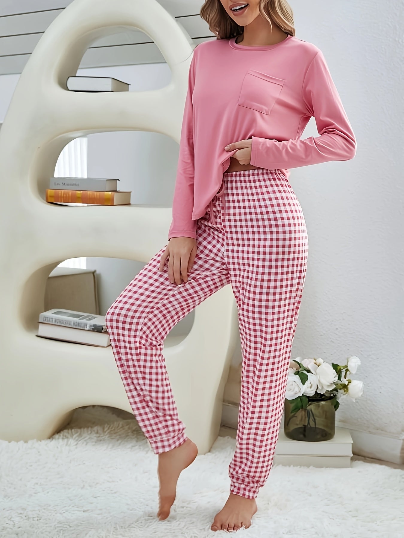 Women's Fall Lounge Set Long Sleeve Top and Plaid Jogger Pants Gingham Polyester Comfortable