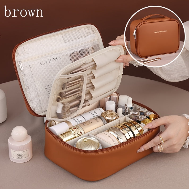 Large Capacity Detachable Makeup Bag Travel Cosmetic Organizer with Brush Holder for Men and Women