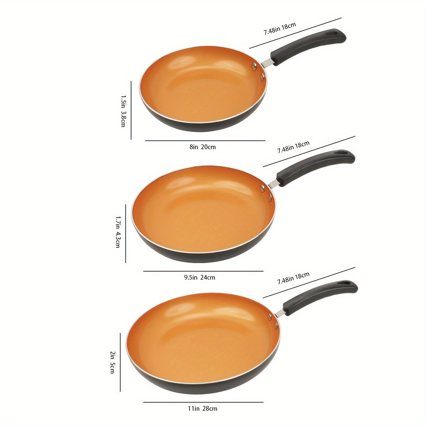 3-Piece Nonstick Frying Pan Set with Golden Ceramic Coating, Induction Compatible, 20.3cm, 24.1cm, 27.9cm
