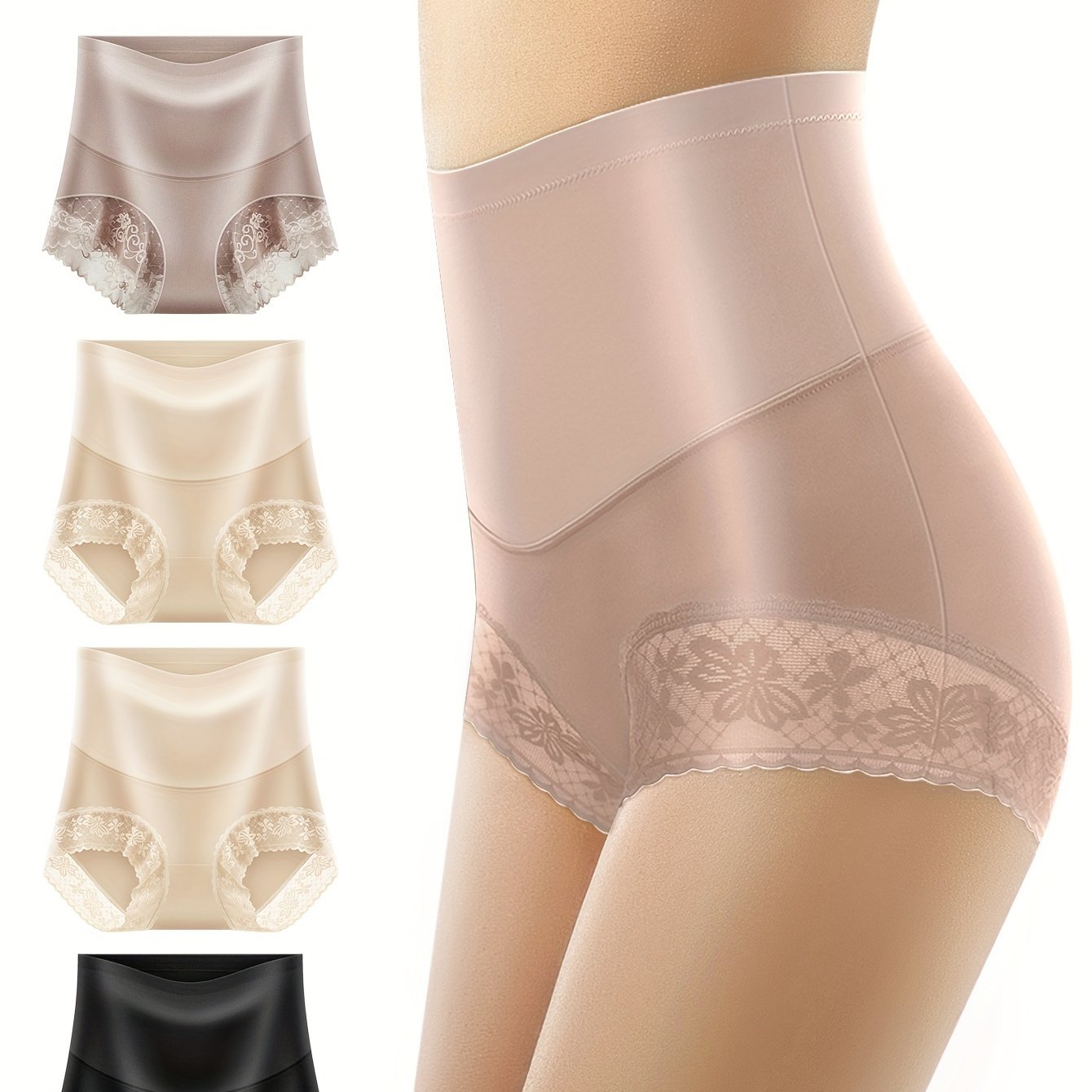 Women's High Waist Lace Trim Briefs 4 Pack Tummy Control Breathable Stretch