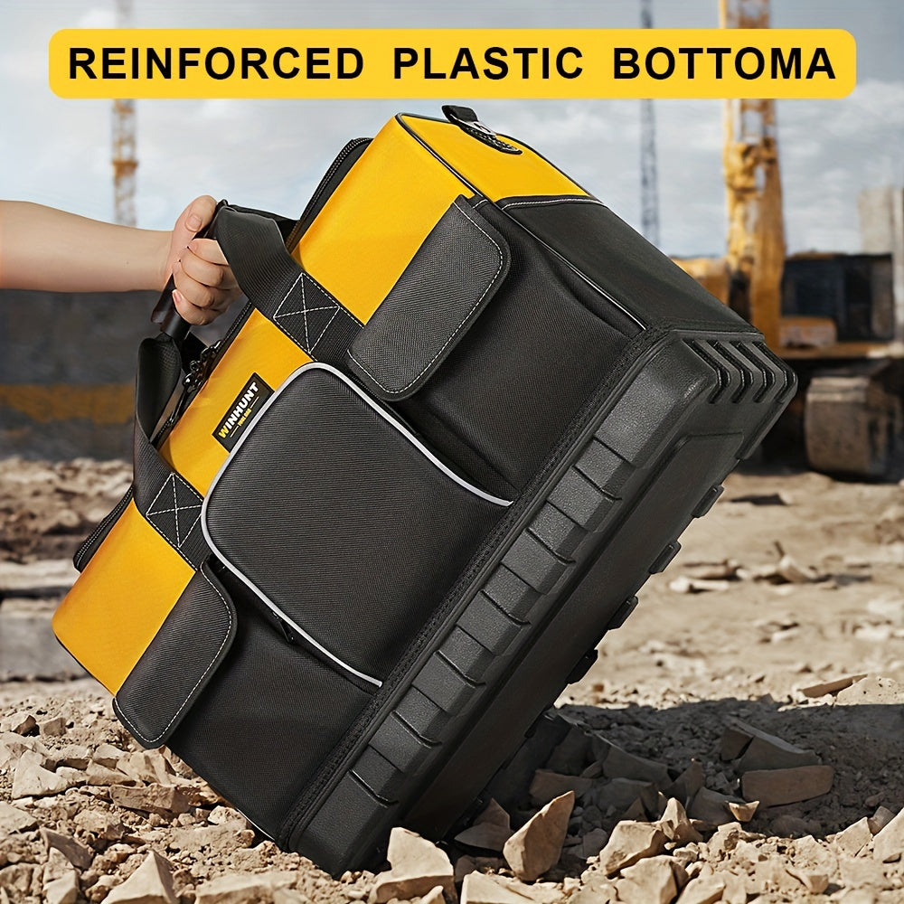 Large Waterproof Heavy Duty Tool Bag with Molded Base Polyester Black Yellow Adjustable Shoulder Strap