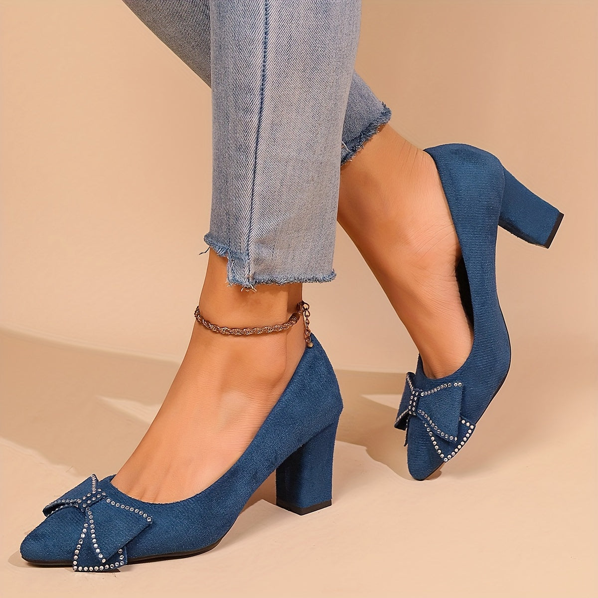 Women's Blue Block Heel Pumps with Rhinestone Bow for Weddings and Parties