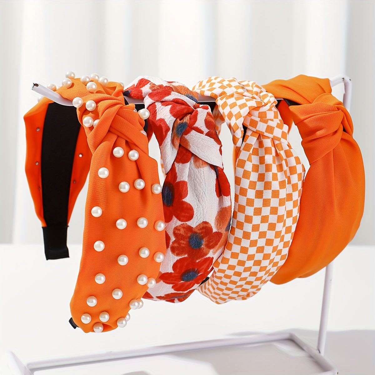 Set of 4 Women's Fabric Floral and Polka Dot Knotted Headbands with Faux Pearl Details