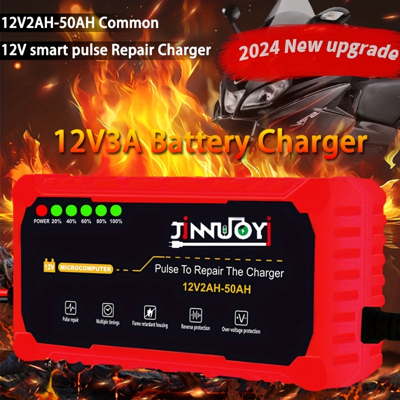 Mototsikl akkumulyatorini zaryadlovchi, to'liq avtomatik, LED displey, 12V, 2-50AH, 3A pulsli