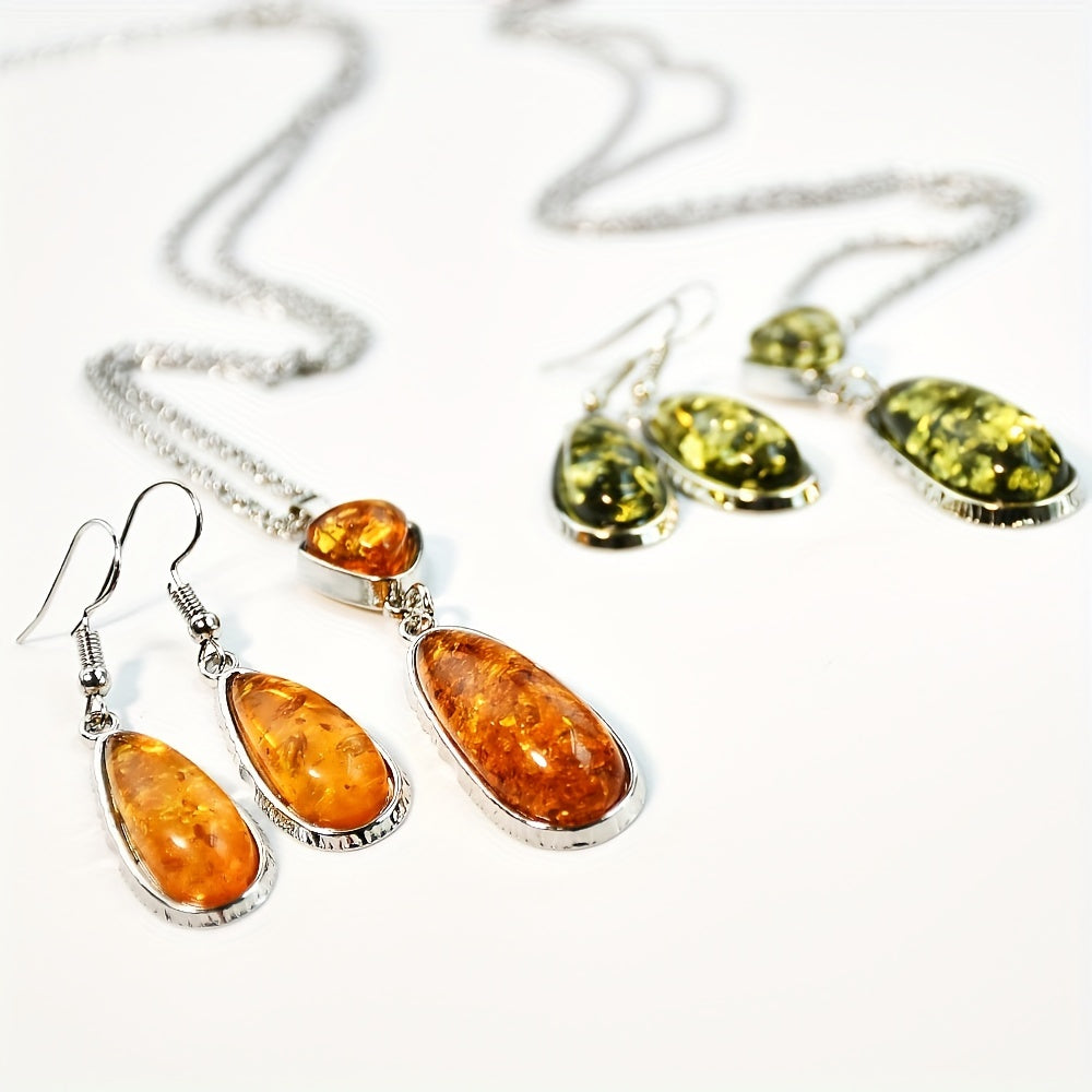 Vintage Amber Teardrop Pendant Necklace and Earrings Set for Women with Natural Stone and Geometric Chain